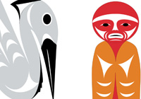 Northwest Coast formline art: Crane with long black beak and white body faces Changer, a red and black figure in traditional hat. Illustrates the teaching: We respect the community of our elders past and present, and pay attention to their good words.