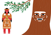 Young girl in red cedar cape and skirt holds her first woven cedar basket beside a large cedar tree with a face. Represents: We uphold and follow the teachings that come from our ancestors.