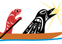 Red otter and black raven paddle a canoe toward a glowing sun held in Raven's beak, with yellow rays behind. Represents: It is valued work to uphold and serve our people.