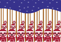 Row of red ancestral figures with raised arms lifting the sky under a starry night sky. Represents: We show respect to every individual.