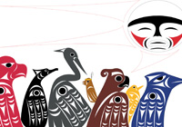 Group of formline birds including raven and eagle gathered with a speech bubble containing traditional design. Represents: We strengthen our people so that they may walk a good walk.