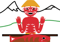 Red figure in woven hat stands on platform above large salmon in water, mountains in background. Represents: We work hard and always try to do our best.