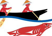 Two red figures in woven hats paddle a black canoe while a large seal swims underneath in blue water. Represents: We do not gossip; we speak the truth.